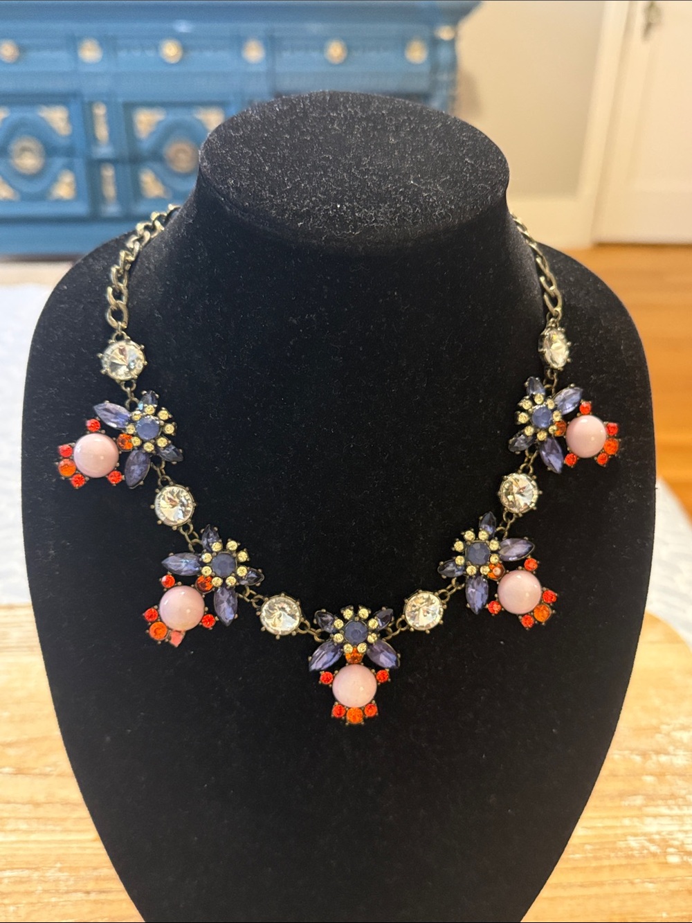 Vintage Gold Tone Blue Pink Red Rhinestone Large Choker Statement Necklace